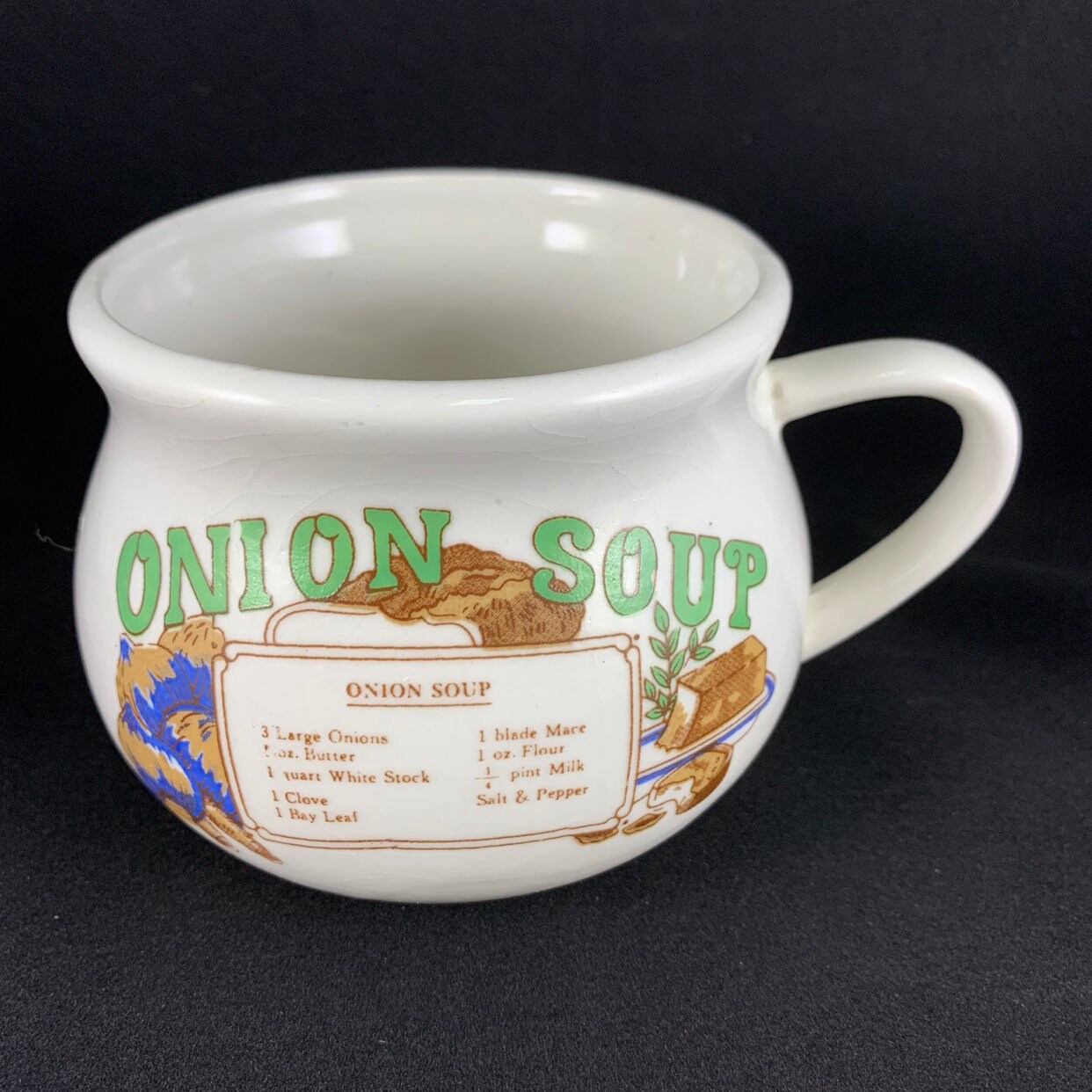 Vintage No Spill Wide Bottom Ceramic Recipe Soup Bowl Cup Mug, Onion Soup