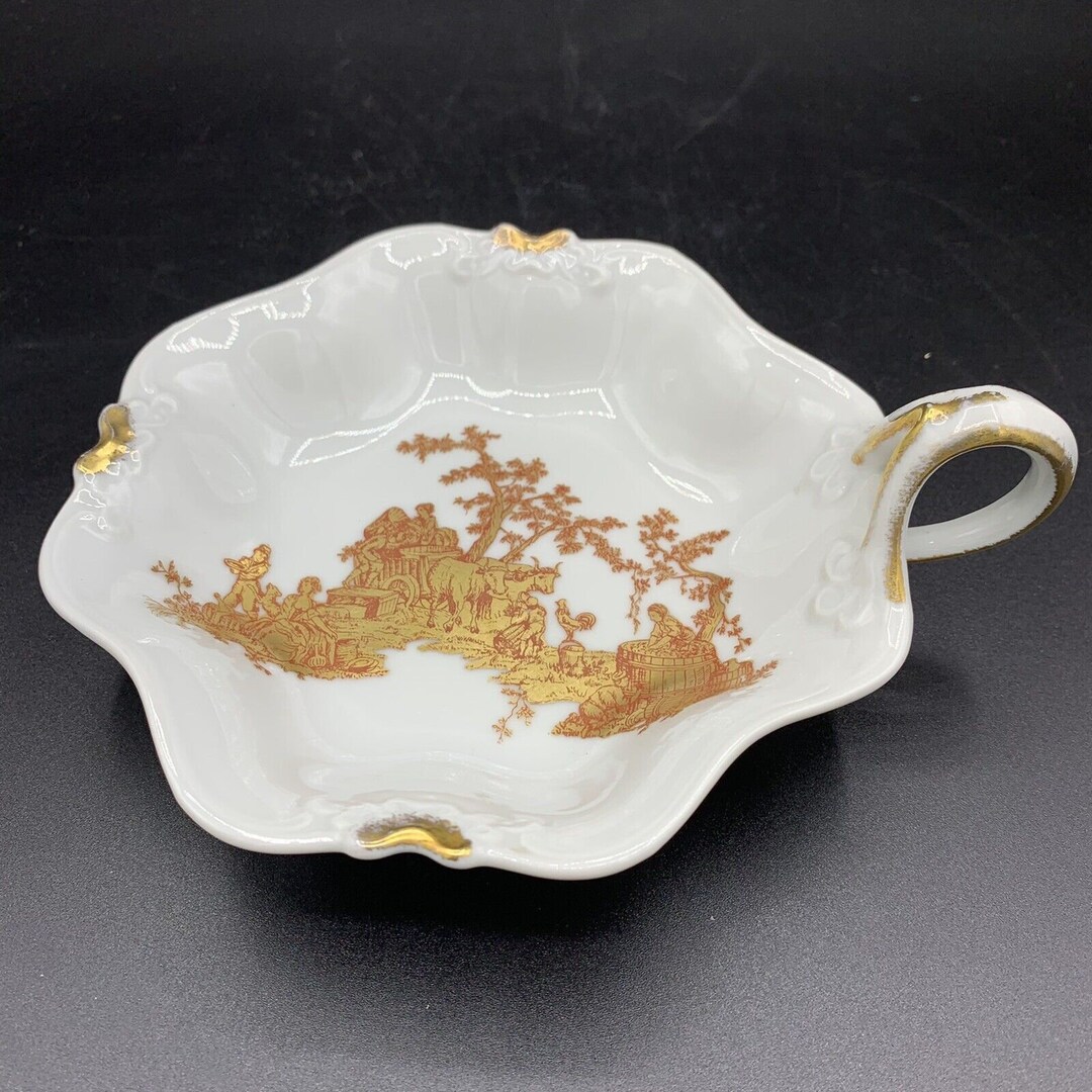 Antique GDA Limoges France Green Wreath Mark Gilded Wine Scene 5 Nappy