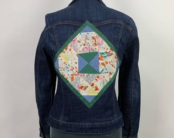 Womens Small Modern Series Denim Trucker Jacket Quilted Patchwork Cottage Core