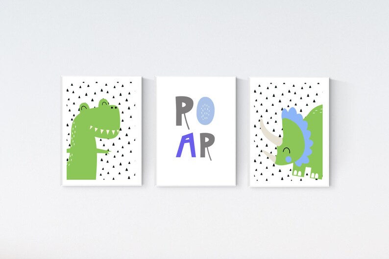 4 Cute Modern Trex Dinosaur Prints Dinos Rule Nursery Baby Boy Wall Art Pictures