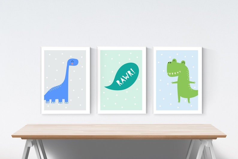 3 Modern Dinosaur Prints Dinos Nursery Wall Art Wooden Decor Pictures