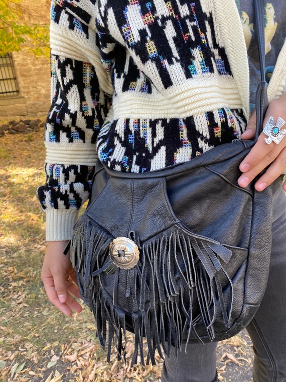 Vintage 70s/80s Black Leather Suede Fringe Boho Cr