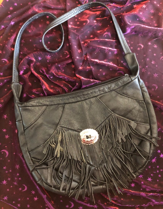 Vintage 70s/80s Black Leather Suede Fringe Boho Cr