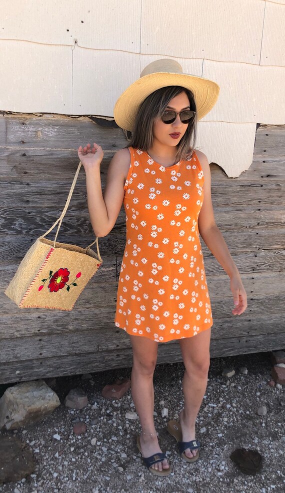 90s Orange Daisy Print Mini Dress