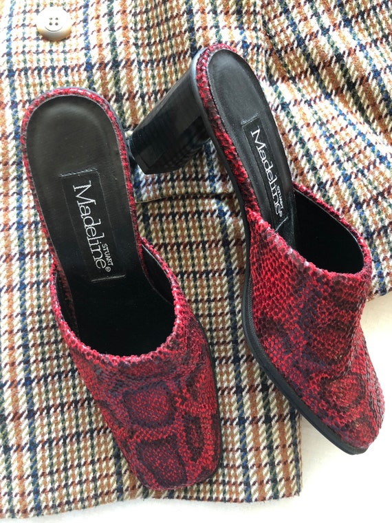 90s Red Snakeskin Mules Square Toe Chunky Heel