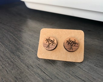 Walnut Palm Tree Earrings: Laser Engraved Beach Jewelry