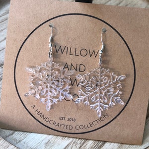 Snowflake Dangle Earrings: Laser Cut Acrylic, Surgical Steel