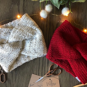 The Scarlette Earwarmer. Knit Twisted Earwarmer. Women’s Knit Head Warmer. Messy Bun Hat.