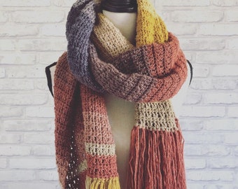 Oversized Women’s Long Scarf with Fringe - Fall Colors. Indie Aesthetic. Color blocked Long Scarf. Multicolor Scarf