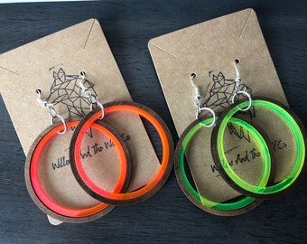 Neon Acrylic Walnut Hoop Earrings: 90s Indie Style