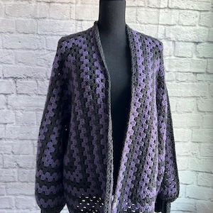 Handmade Granny Hexagon Cardigan Sweater: Purple & Black Halloween Colors