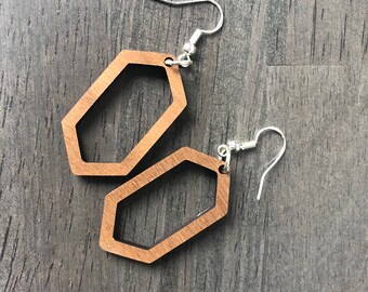 Long Hexagon Wooden Earrings. Minimalist Jewelry. Indie Aesthetic. Geometric Jewelry.