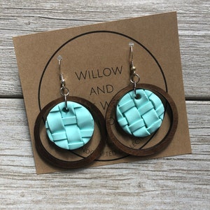 Woven Clay Earrings: Robins Egg Blue Basketweave, Laser Cut Wood