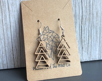 Laser Cut Walnut Triangle Earrings: Geometric Dangle Drop