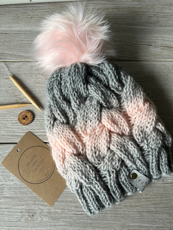 Pink and Grey Knit Braided Cable Beanie. Ombré Knit Hat 