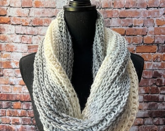 Grey and Cream Knit Cowl. Abigail Cowl. Chunky knit scarf. Women’s Winter Scarf.