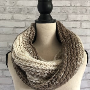 Handmade Cream & Brown Knit Scarf Cowl: Neutral Ombre Infinity Scarf
