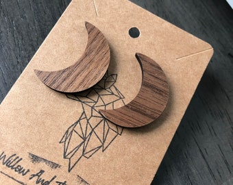 Crescent Moon Stud Earrings. Moon Earrings. Wooden Earrings for her. Celestial Jewelry. Moon Phase Earrings.