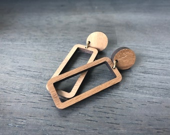Walnut Wood Geometric Dangle Earrings: Surgical Steel Studs