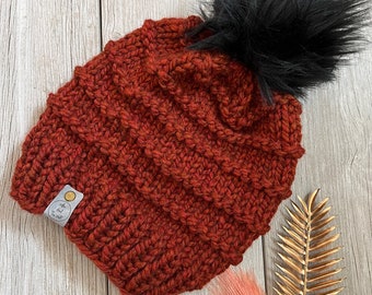 Pumpkin Ridge Knit Beanie: Wool Blend Hat with Pom