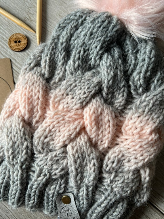 Gray Cable Knit Beanie with Pink Accent Pink and Grey Knit Braided Cable Beanie. Ombré Knit Hat  main image 2