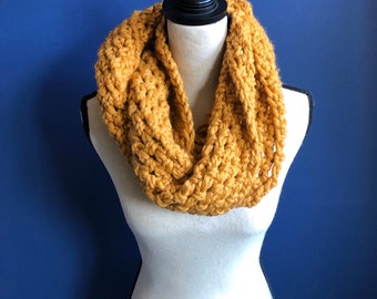 Mustard Chunky Oversized Knit Womens Scarf. Bulky Crochet Cowl. Oversized Gold Infinity Cowl. Big Knit Cowl. Maximalist Fashion