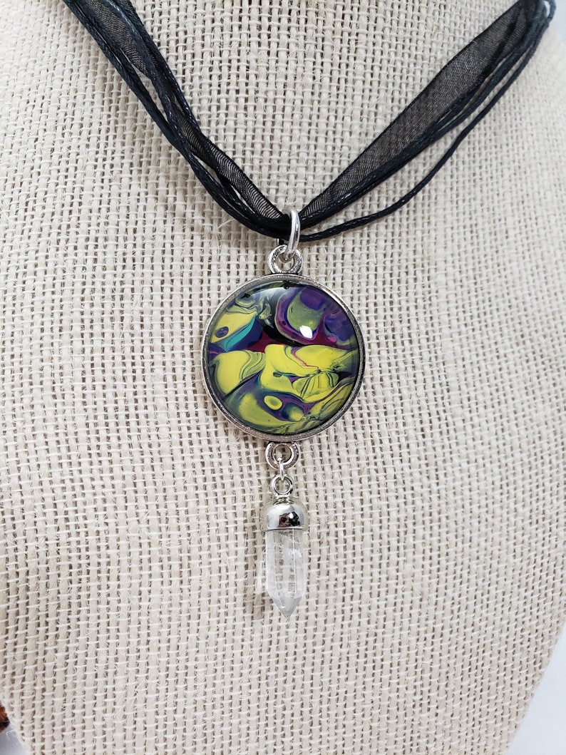 Acrylic pour necklace pendant and crystal Wearable art