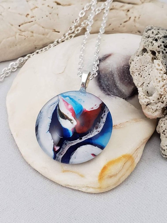 Fluid Art Jewelry Pendant 4th of July Red White and Blue Etsy