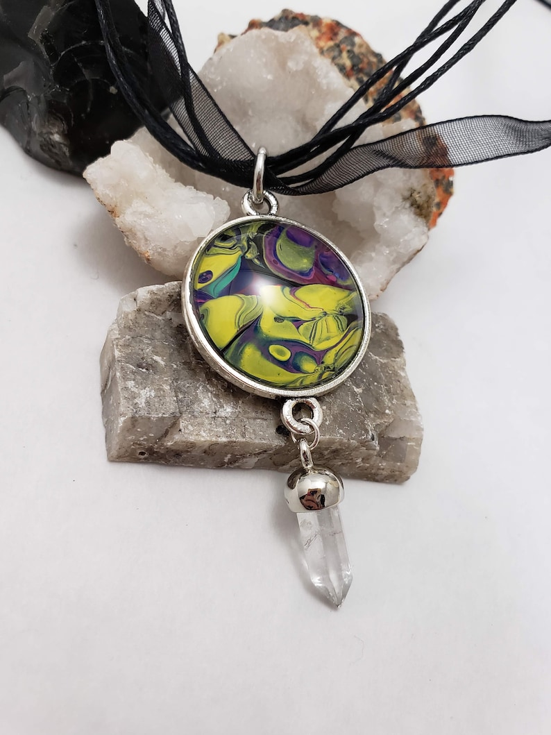Acrylic pour necklace pendant and crystal Wearable art