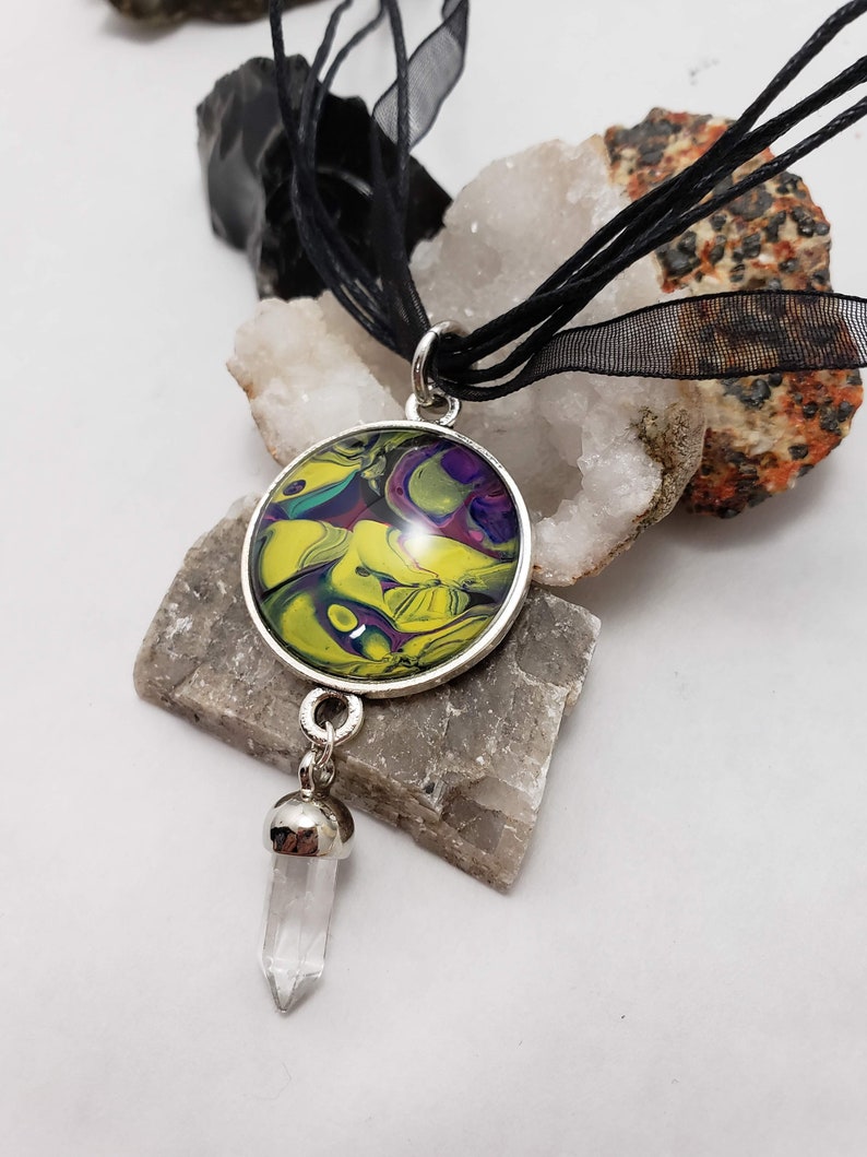 Acrylic pour necklace pendant and crystal Wearable art