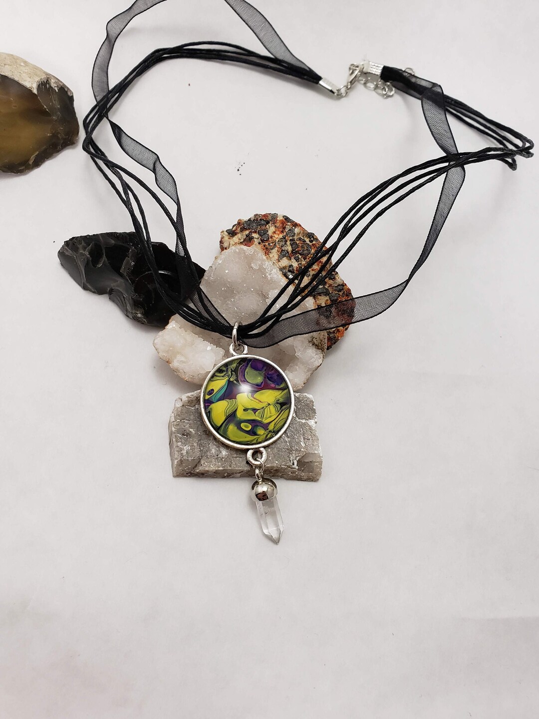 Acrylic Pour Necklace, Wearable Art, Pendant and Crystal Etsy