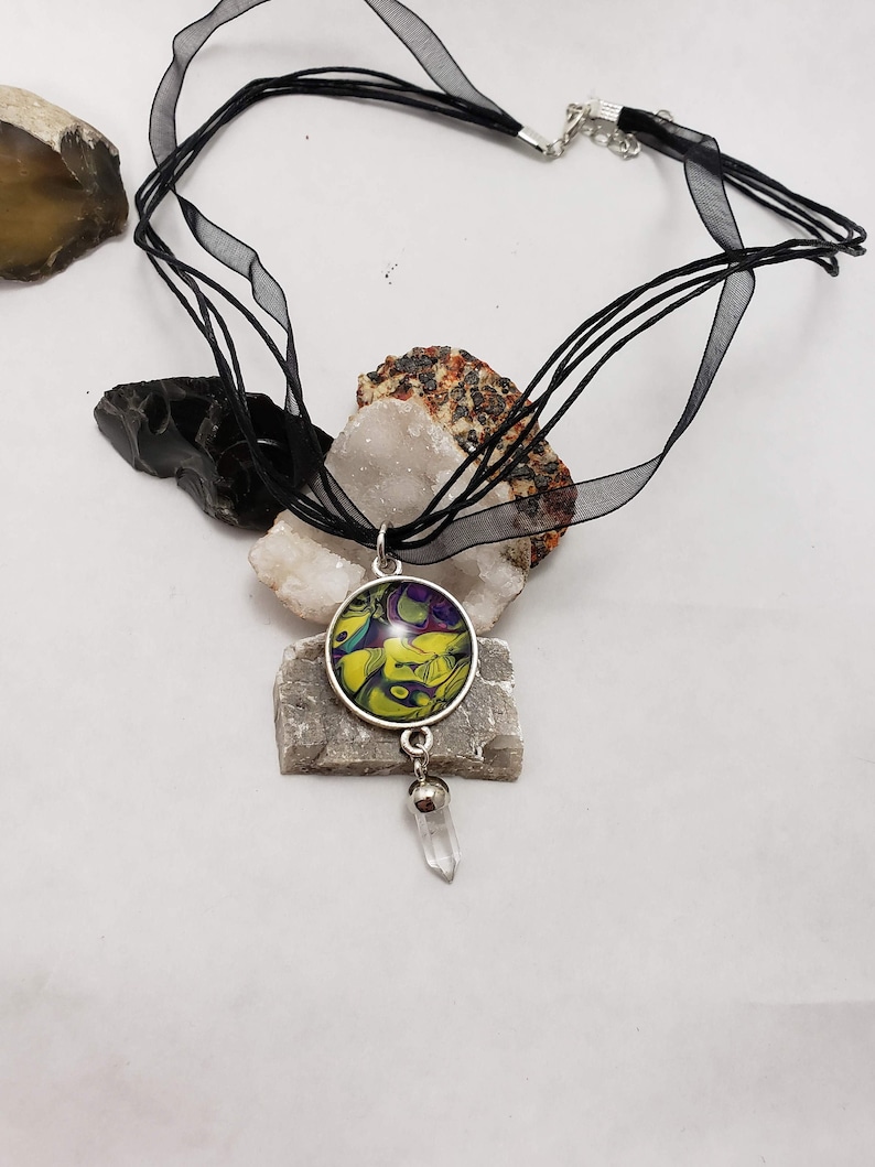 Acrylic pour necklace pendant and crystal Wearable art