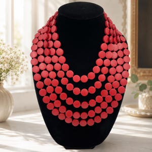 Red Wood Bead Necklace, Chunky Multi Strand Statement Necklace, Bold Layered Jewelry |14