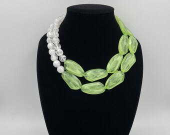 Neon Green and White Statement Necklace, Green Chunky Necklace, Green Beaded Necklace, Multi Strand Green Necklace, Handmade Jewelry |1