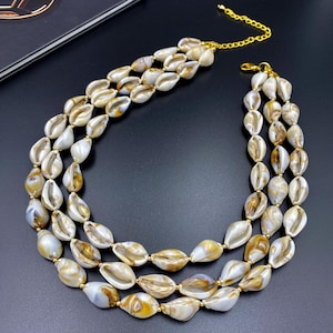 Cowrie Shell Multi Strand Necklace, Gold Ivory Coastal Statement Jewelry, Beach Wedding, Bridal Gift |3