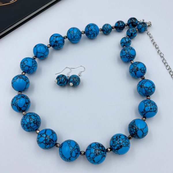 Deep Sky Blue Turquoise Necklace, Blue Beaded Necklace, Super Statement Necklace, Bold Turquoise Necklace, Statement Turquoise Necklace |10