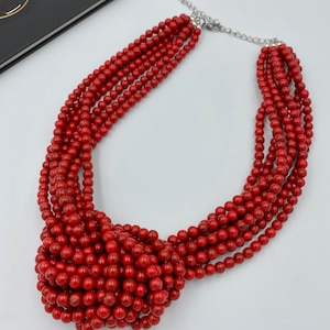 Red Turquoise Knot Statement Necklace, Unique Chunky Knotted Multi Strand Beaded Necklace, Valentine&#39;s Day, Grandma Gift, Wedding Guest |10