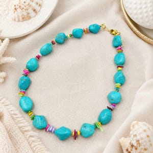 Turquoise Nugget Necklace with Shell Chips, Coastal Statement Jewelry, Beach Wedding, Gift |10