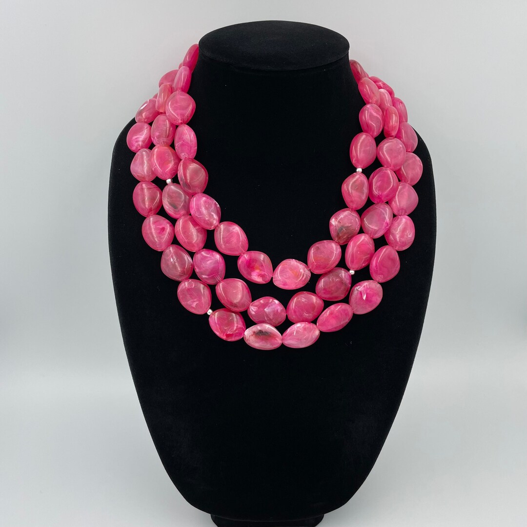 Hot Pink Layered Necklace, Pink Chunky Necklace, Cerise Pink Beaded Necklace, Multi Strand