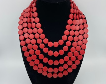 Red Multi Strand Necklace, Chunky Wood Statement, Multi Layer Beaded Jewelry, Gift for Her |14