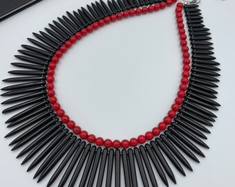 Red Turquoise and Black Spike Graduated Necklace, Multi Layered Necklace, Red and Black Necklace, Beaded Chunky Necklace |10