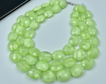 Neon Green Statement Necklace, Light Green Chunky Necklace, Green Beaded Necklace, Multi Strand Statement Necklace, Layered Necklace |5