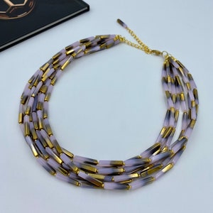 Purple Gold Multi Strand Necklace, Chunky Fall Statement Jewelry, Beaded Choker, Autumn Wedding |12