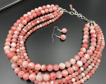 Persian Jade Statement Necklace, Chunky Pink Necklace, Pink Beaded Necklace, Jade Necklace, MultiStrand Pink Necklace, Handmade Necklace |10