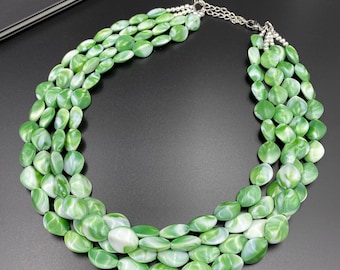 Green White Chunky Necklace, Forest Green Beaded Necklace, Green Summer Necklace, Multi Strand Statement Green Necklace, Green Necklace |7