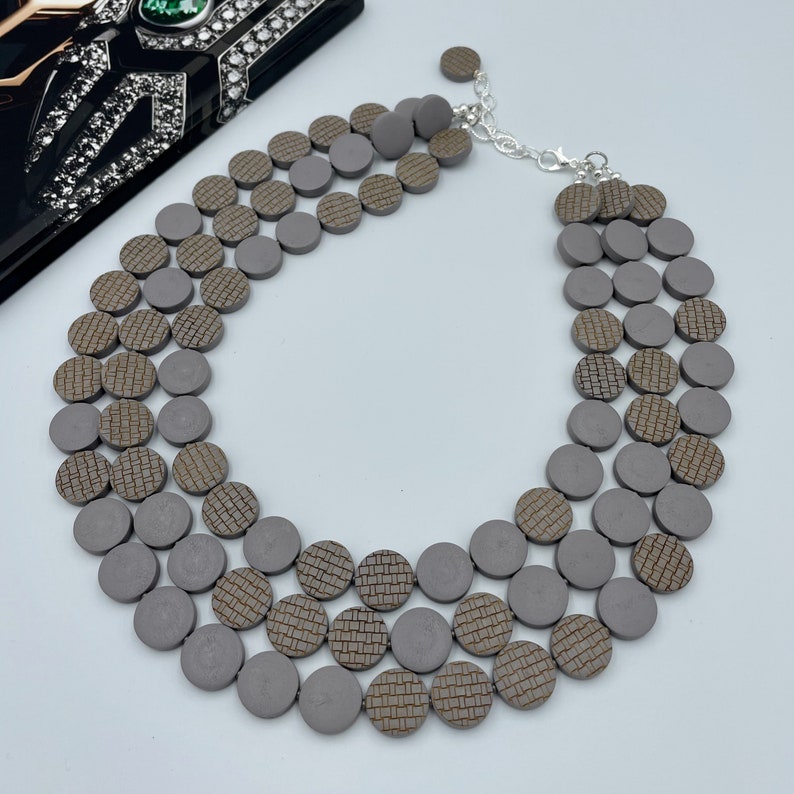 Wood Layered Necklace Wood Gray Bead Necklace Multi Strand Statement Gray Necklace Engraved Gray Necklace Painted Wood Statement Necklace