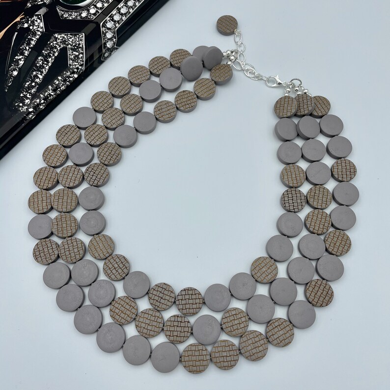 Wood Layered Necklace Wood Gray Bead Necklace Multi Strand Statement Gray Necklace Engraved Gray Necklace Painted Wood Statement Necklace