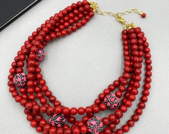 Dark Red & Turquoise Chunky Beaded Necklace & Earring Set - Statement Jewelry
