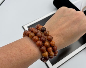 Chunky Brown Wood Beaded Stretch Bracelets, Stackable Boho Jewelry for Men & Women |14