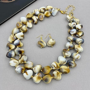 Chunky Seashell Statement Necklace, Double Strand Shell Beaded Choker, Coastal Wedding, Birthday Party, Gift for Her, Mother of the Bride |3